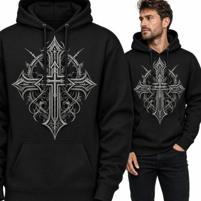 Bluza męska z kapturem - gotycki krzyż ze srebrnymi ornamentami i kolcami