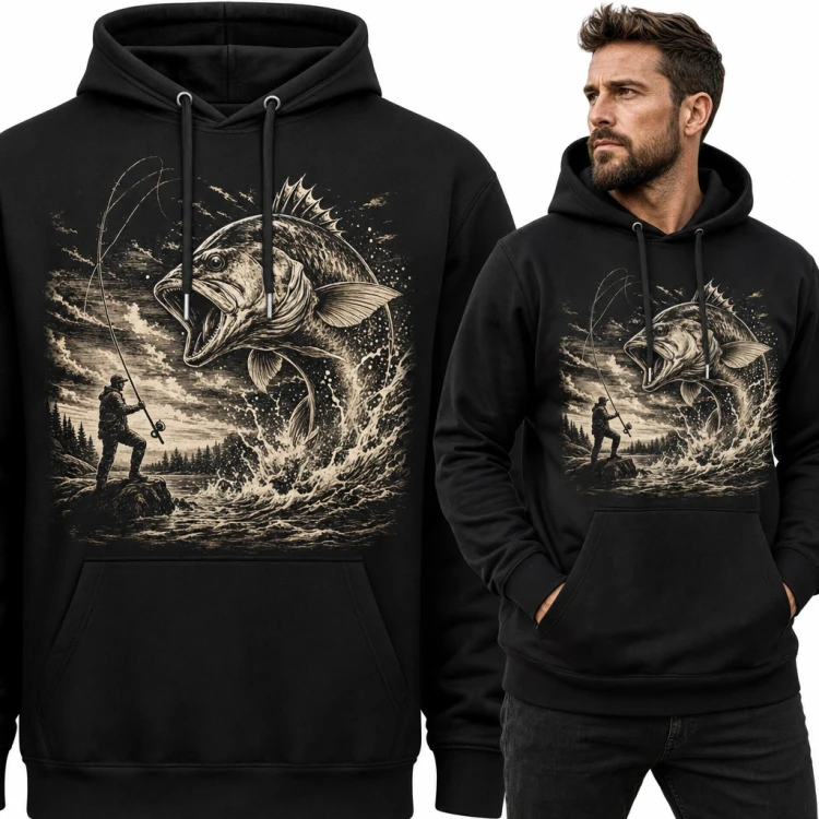 Bluza męska z kapturem - wędkarz holujący wielką rybę nad jeziorem
