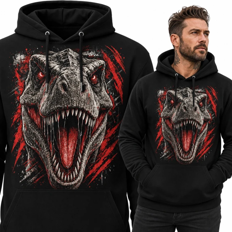 Bluza męska z kapturem - ryczący T-rex z czerwonymi oczami i śladami pazurów