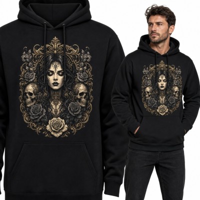 Bluza męska z kapturem - gotycka dama z czaszkami i różami w barokowej ramie