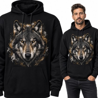 Bluza męska z kapturem - realistyczna głowa wilka o bursztynowych oczach