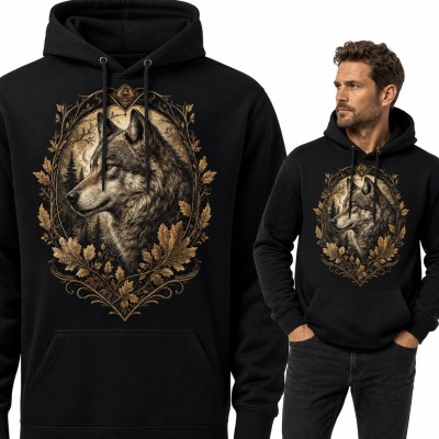 Bluza męska z kapturem - wilk w ramie z liści dębu na tle leśnej pełni