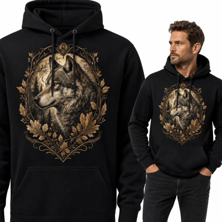 Bluza męska z kapturem - wilk w ramie z liści dębu na tle leśnej pełni