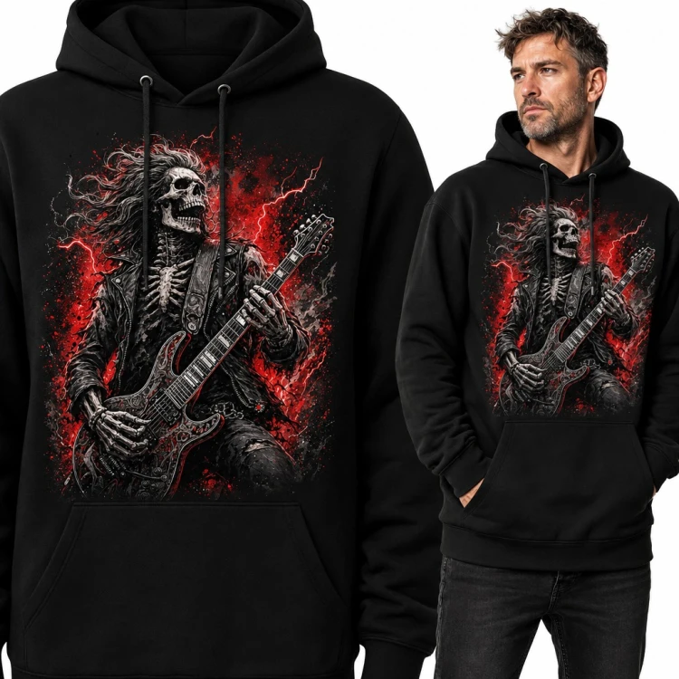 Bluza męska z kapturem - szkielet rockman z gitarą elektryczną i czerwonymi błyskawicami