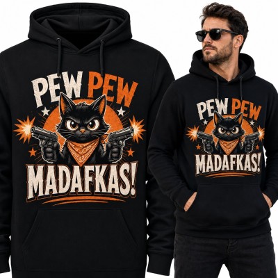 Bluza męska z kapturem „Pew Pew Madafkas!” - czarny kot z pistoletami w bandanie