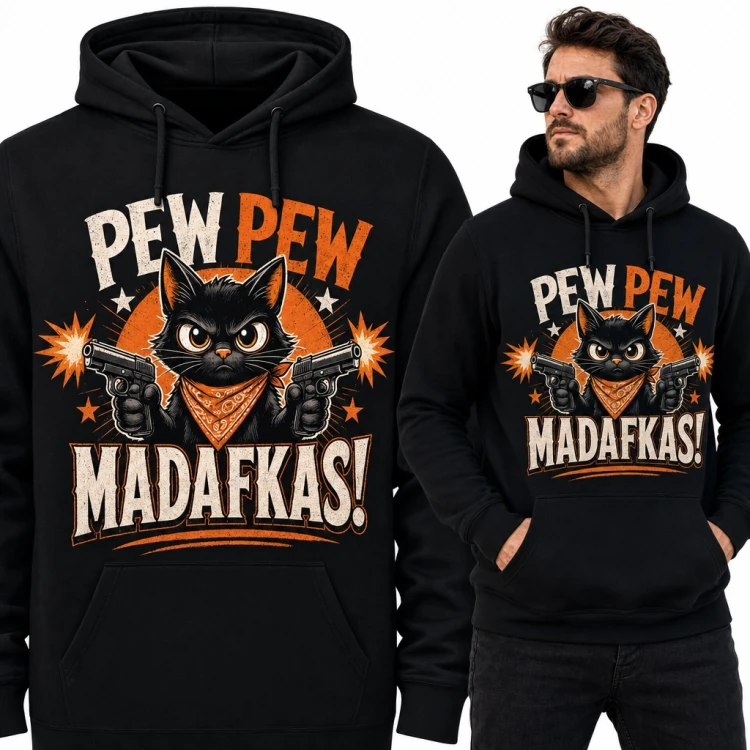 Bluza męska z kapturem „Pew Pew Madafkas!” - czarny kot z pistoletami w bandanie