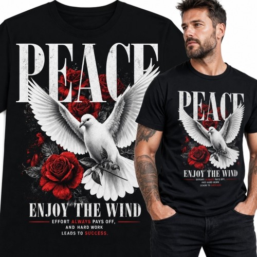Koszulka męska „Peace” z gołębiem pokoju i czerwonymi różami - motyw wolności