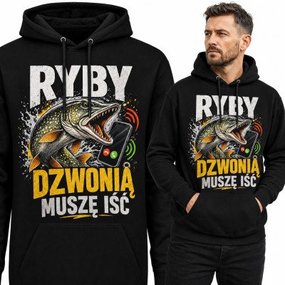 Bluza męska z kapturem „Ryby dzwonią, muszę iść” - szczupak z telefonem dla wędkarza