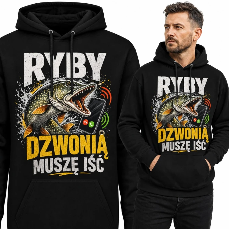 Bluza męska z kapturem „Ryby dzwonią, muszę iść” - szczupak z telefonem dla wędkarza