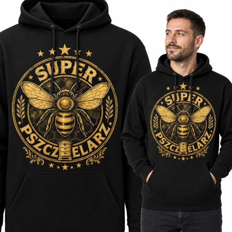 Bluza męska z kapturem - „Super pszczelarz” z pszczołą i ulem w złotym emblemacie