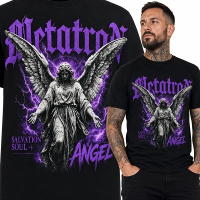 Koszulka męska z gotyckim aniołem i napisem „Metatron” - fioletowe błyskawice