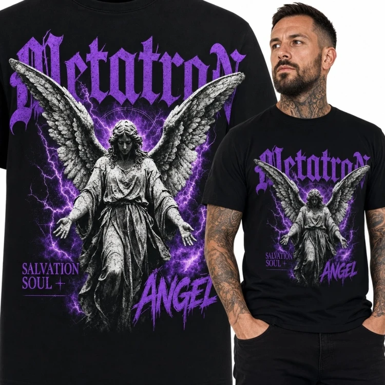 Koszulka męska z gotyckim aniołem i napisem „Metatron” - fioletowe błyskawice
