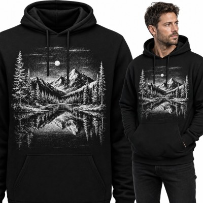 Bluza męska z kapturem - górski pejzaż nocą z jeziorem i księżycem