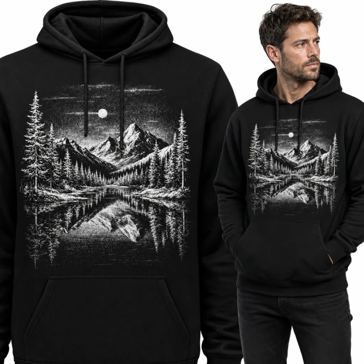Bluza męska z kapturem - górski pejzaż nocą z jeziorem i księżycem