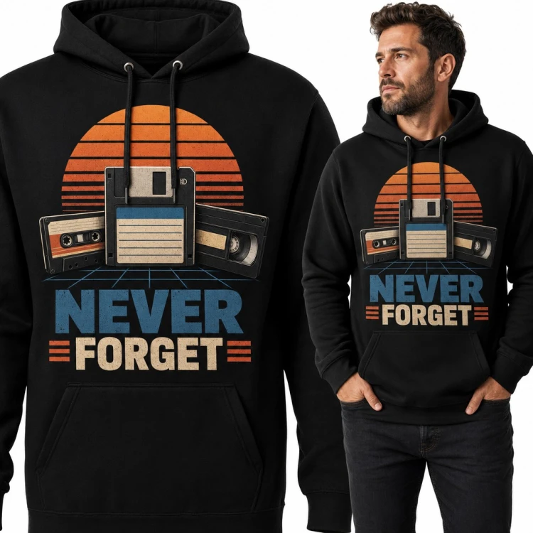 Bluza męska z kapturem - dyskietka, kaseta i VHS „Never Forget” w stylu retro
