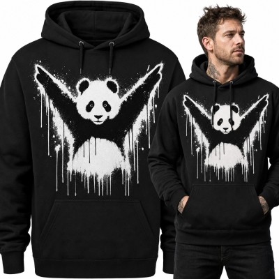 Bluza męska z kapturem - panda graffiti z uniesionymi łapami w stylu street art