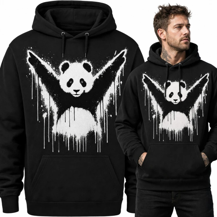 Bluza męska z kapturem - panda graffiti z uniesionymi łapami w stylu street art
