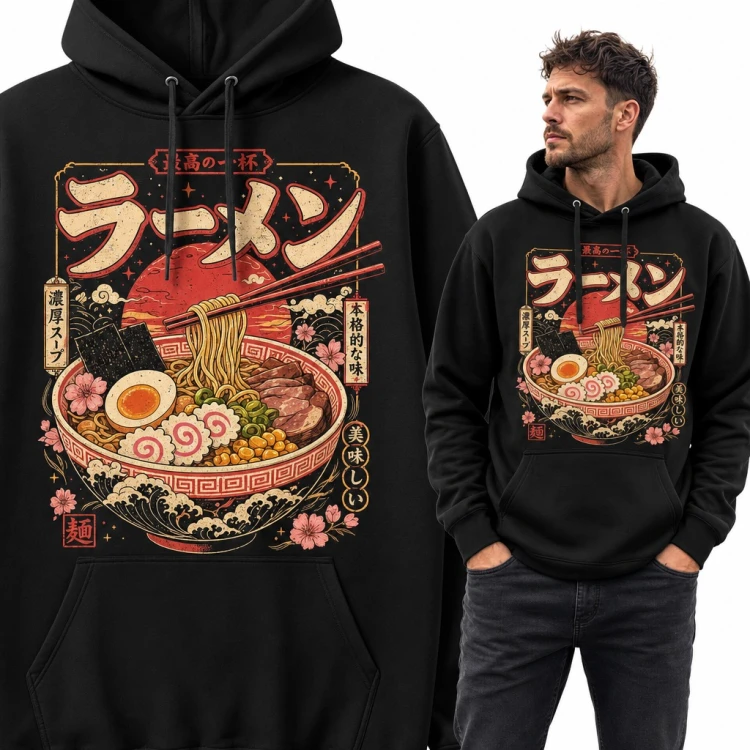 Bluza męska z kapturem - miska ramenu i napis „ラーメン” w japońskim stylu