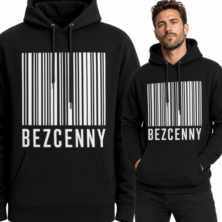 Bluza męska z kapturem - kod kreskowy i napis „Bezcenny”