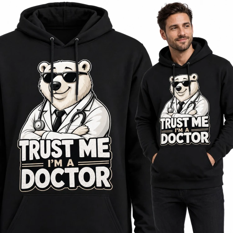 Bluza męska z kapturem „Trust me I'm a doctor” - niedźwiedź polarny lekarz w okularach