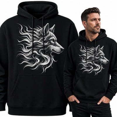 Bluza męska z kapturem - wilk z falującą sierścią w ilustracji