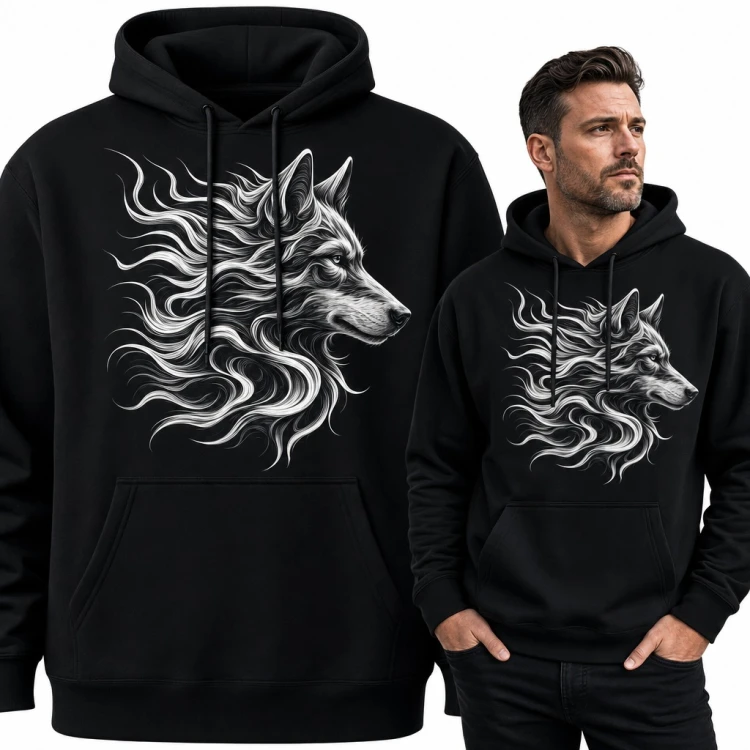 Bluza męska z kapturem - wilk z falującą sierścią w ilustracji