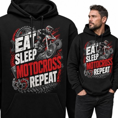 Bluza męska z kapturem „Eat Sleep Motocross Repeat” - skaczący crossowiec dla motocyklisty