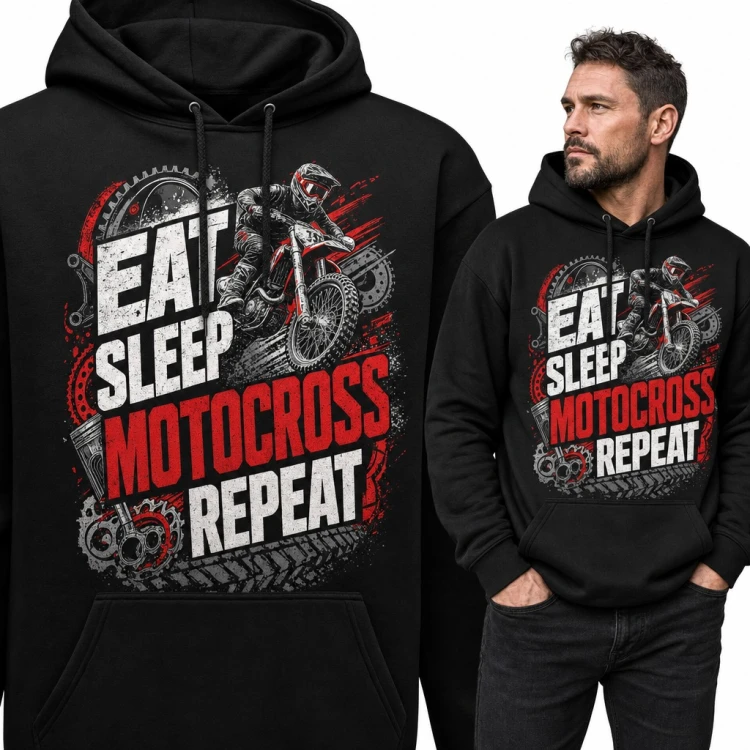 Bluza męska z kapturem „Eat Sleep Motocross Repeat” - skaczący crossowiec dla motocyklisty