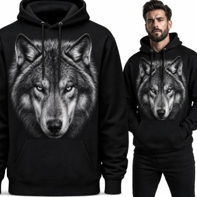 Bluza męska z kapturem - realistyczna głowa szarego wilka
