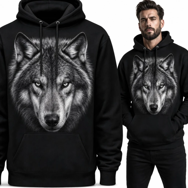 Bluza męska z kapturem - realistyczna głowa szarego wilka