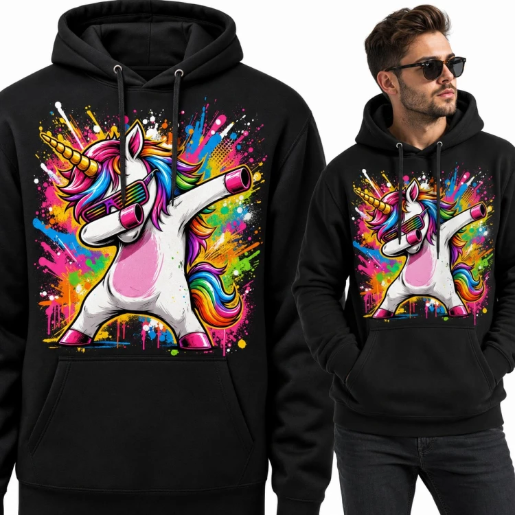 Bluza męska z kapturem - jednorożec robiący dab w neonowych okularach