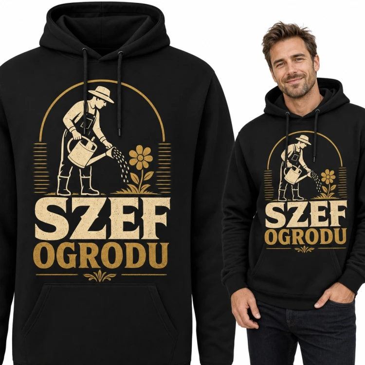 Bluza męska z kapturem - „Szef ogrodu” ogrodnik z konewką