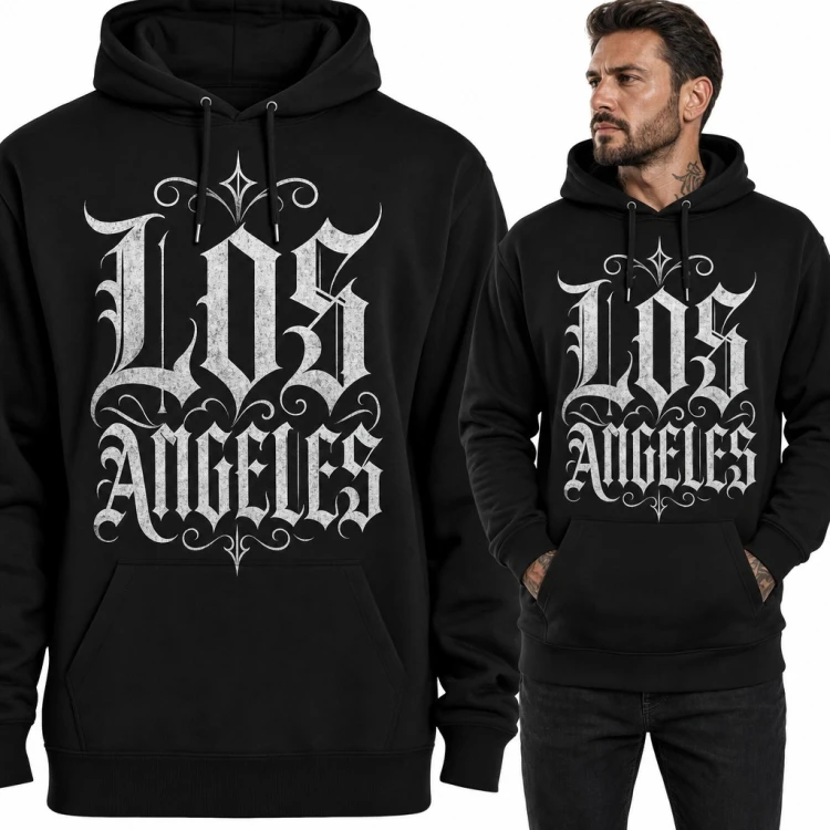 Bluza męska z kapturem „Los Angeles” - gotyckie liternictwo chicano z ornamentami