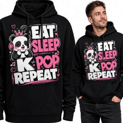 Bluza męska z kapturem „Eat sleep K-pop repeat” - panda w koronie i słuchawkach