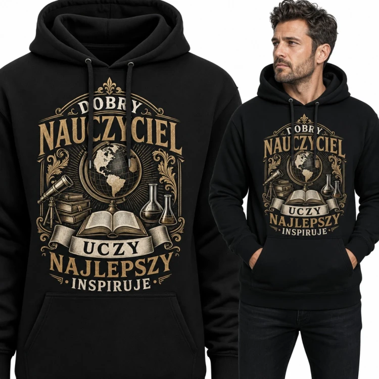 Bluza męska z kapturem - nauczyciel z globusem i książkami „Dobry nauczyciel uczy, najlepszy inspiruje”