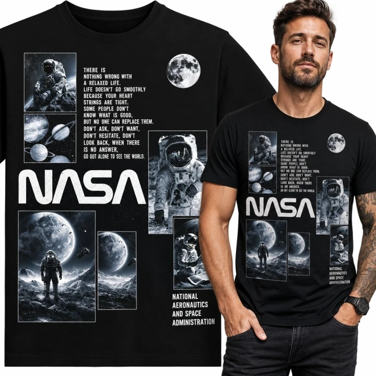 Koszulka męska z kosmicznym kolażem „NASA” - astronauci, Księżyc i planety
