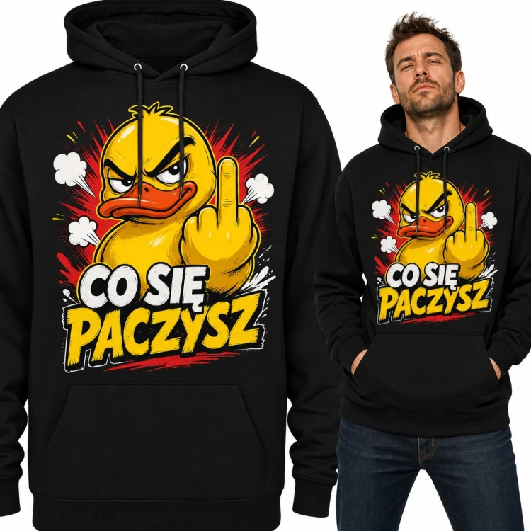 Bluza męska z kapturem - wkurzona kaczka „Co się paczysz” ze środkowym palcem