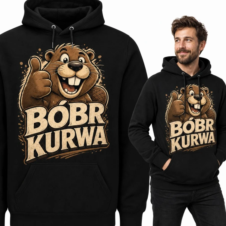 Bluza męska z kapturem „Bóbr kurwa” - wesoły bóbr z kciukiem w górę