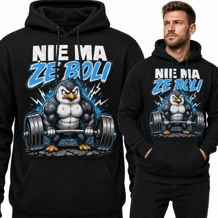 Bluza męska z kapturem - pingwin ze sztangą „Nie ma że boli” na siłownię