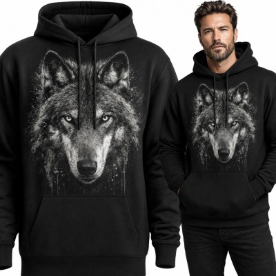 Bluza męska z kapturem - realistyczna głowa wilka z rozpryskami farby