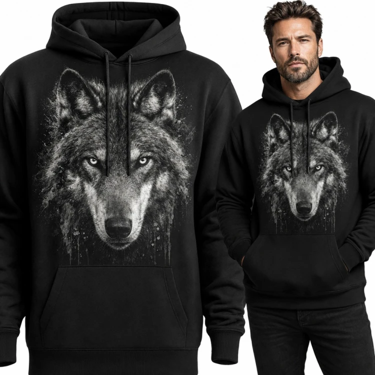 Bluza męska z kapturem - realistyczna głowa wilka z rozpryskami farby