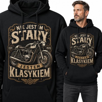 Bluza męska z kapturem na 56 urodziny „Nie jestem stary jestem klasykiem” - motocykl retro 1970