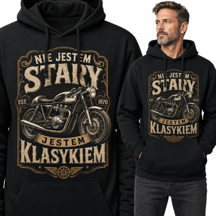 Bluza męska z kapturem na 56 urodziny „Nie jestem stary jestem klasykiem” - motocykl retro 1970