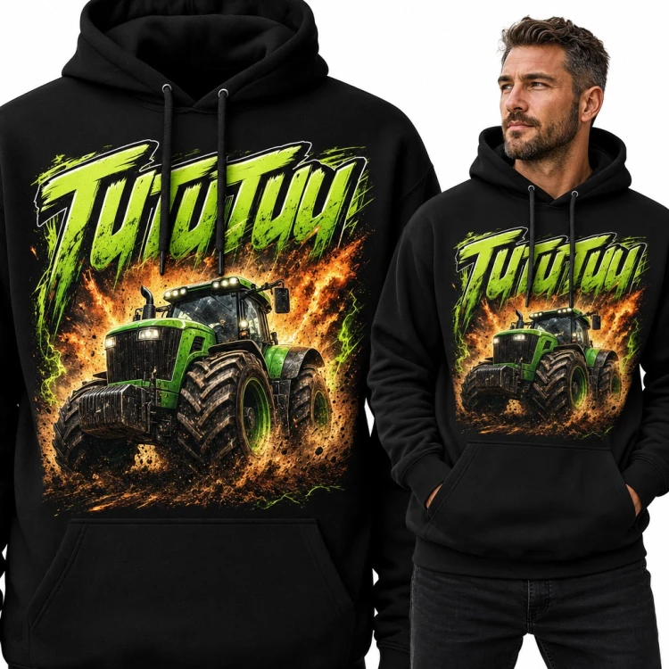 Bluza męska z kapturem - „Tututuy” zielony traktor w błocie dla rolnika