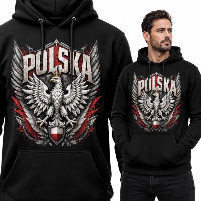 Bluza męska z kapturem - „Polska” z białym orłem w koronie i biało-czerwoną tarczą
