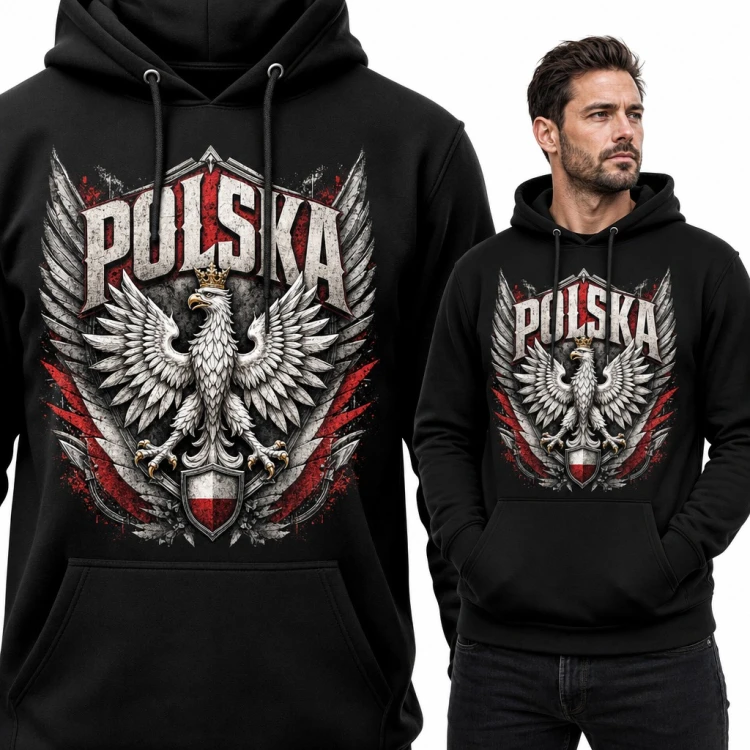 Bluza męska z kapturem - „Polska” z białym orłem w koronie i biało-czerwoną tarczą
