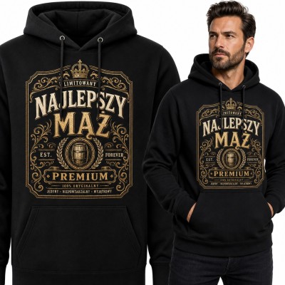 Bluza męska z kapturem „Najlepszy mąż” - etykieta premium z koroną i beczką