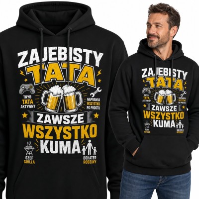 Bluza męska z kapturem - „Zajebisty tata zawsze wszystko kuma” z kuflami piwa