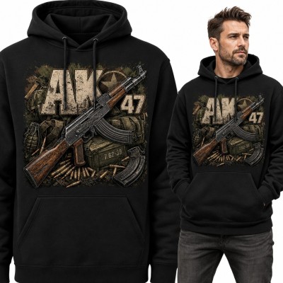 Bluza męska z kapturem „AK 47” - kałasznikow z amunicją i militariami