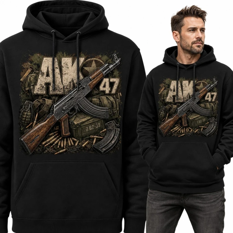 Bluza męska z kapturem „AK 47” - kałasznikow z amunicją i militariami